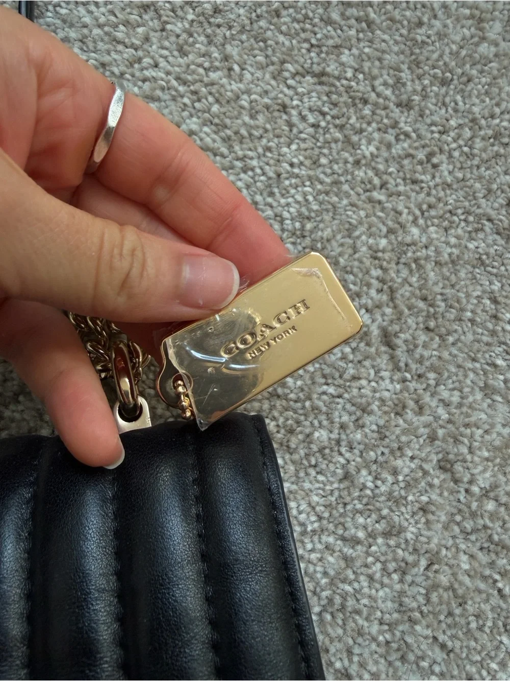 Coach Quilted Leather Shoulder Bag in Black with Gold Chain